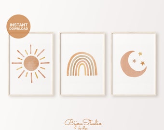 Set of 3 Boho Nursery Printable Wall Art, Sun Rainbow Moon Art, Gender Neutral Print, Warm Watercolor Baby Room Decor, INSTANT DOWNLOAD