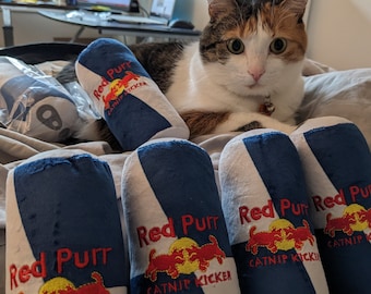 RedPurr: Organic Catnip infused cat toy kicker kitten baby fun Redbull parody embroidered gift for cat