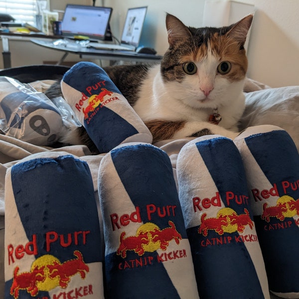 RedPurr: Organic Catnip infused cat toy kicker kitten baby fun Redbull parody embroidered gift for cat