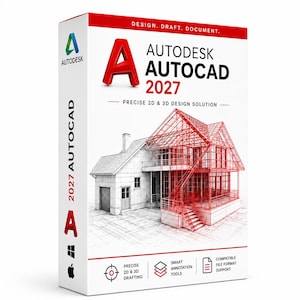 May include: A white rectangular software box for Autodesk AutoCAD 2027 featuring a red letter A logo, the text DESIGN. DRAFT. DOCUMENT., and a wireframe house illustration. The box displays icons for Windows and Apple, plus drafting features.
