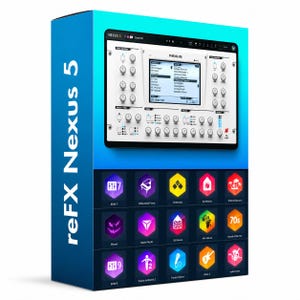 Peut inclure: Une boîte de logiciel rectangulaire pour reFX Nexus 5 avec un fond dégradé bleu. La face avant présente une interface de synthétiseur numérique avec des boutons et un écran, tandis que la partie inférieure montre quinze icônes hexagonales colorées.