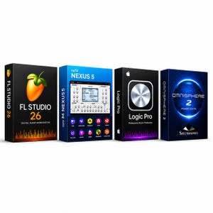 May include: Four rectangular software boxes for music production arranged side-by-side. The boxes feature branding for FL Studio 26, reFX Nexus 5, Logic Pro, and Omnisphere 2, displaying their respective logos, product names, and graphic elements.