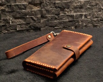 Cartera de piel personalizada para mujer, cartera larga de piel con asa, regalo de San Valentín, carteras para teléfono hechas a mano, cartera larga marrón