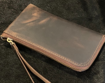 Cartera larga de cuero, billetera para teléfono con correa para la muñeca, billetera con cremallera, bolso de mano de cuero para efectivo, tarjetas, monedas y teléfono, todo en uno