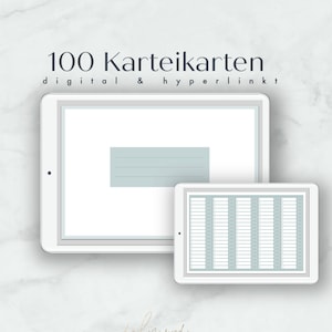 Puede incluir: Una maqueta de producto digital que muestra la pantalla de una tableta que muestra 100 tarjetas de índice en blanco con el texto "100 Karteikarten digital & hyperlinkt" en la parte superior de la pantalla.
