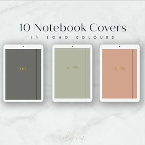 Puede incluir: Tres pantallas de tableta que muestran diferentes cubiertas de cuadernos con la palabra "NOTES" en letras doradas. Las cubiertas son en tonos de gris, verde y melocotón.