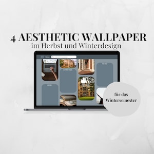 Puede incluir: Una pantalla de computadora portátil que muestra un planificador digital con imágenes de un campus universitario. El planificador tiene secciones para "Trabajo", "Archivos adicionales" y "Por hacer". El texto "4 Aesthetic Wallpaper im Herbst und Winterdesign" está en la parte superior de la pantalla. El texto "für das Wintersemester" está debajo de la computadora portátil.