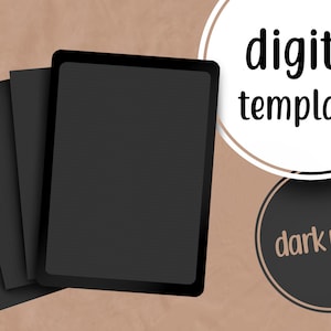 Könnte beinhalten: Ein digitales Template-Design-Mockup mit einem schwarzen Tablet und einem Stapel Papier auf braunem Hintergrund. Der Text "digitale Vorlagen" und "Dunkelmodus" ist in weißen und hellgrauen Kreisen sichtbar.