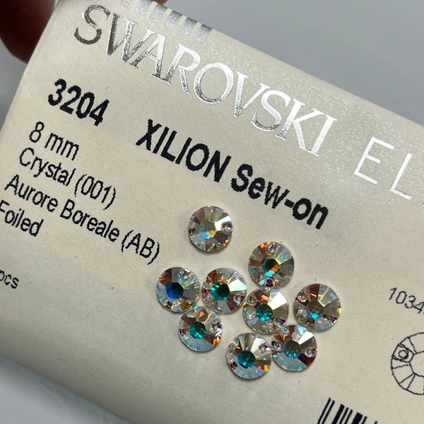 Swarovski XILION Round Sew-on Stone (art. 3204) 8mm Crystal AB Foiled - various packaging options