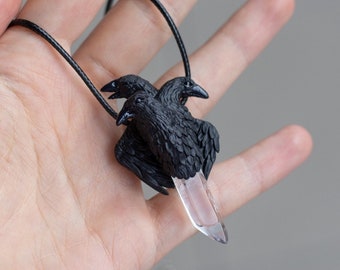 Crow necklace Black raven Corvo Rabe Polymer clay