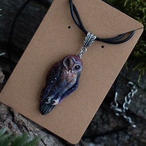 Barn owl necklace Black owl Owl pendant Polymer clay