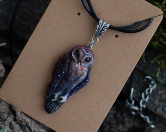 Barn owl necklace Black owl Owl pendant Polymer clay