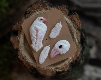 White Raven brooch set Crow pin Corbeau Polymer clay Celtic Pin Elven Jewelry