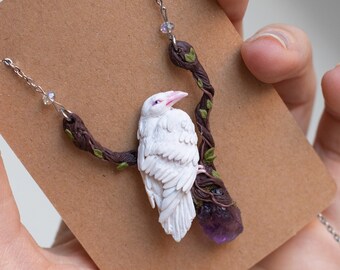 White raven necklace Amethyst jewelry Crow pendant  Polymer clay Surgical steel Corbeau