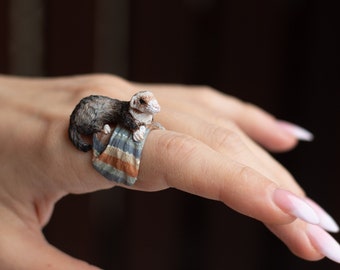 Charming Ferret Polymer Clay Ring - Handcrafted Critter Jewelry Adjustable size