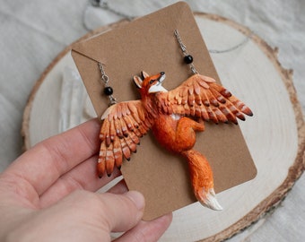 Flying fox necklace Renard Polymer clay charm red fox wings  Surgical steel