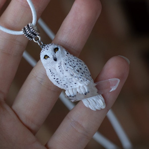 Owl necklace Snowy owl Gufo polymer clay