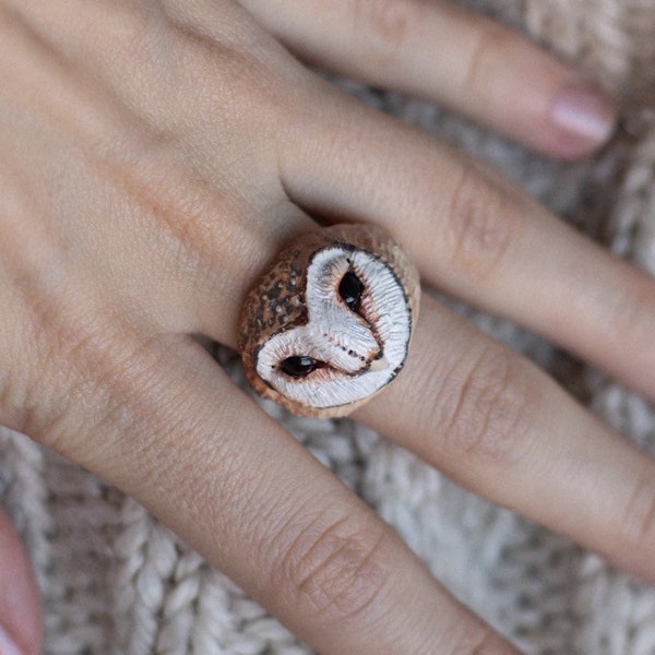 owl ring eule ring anneau hibou polymer clay barn owl bird custom ring