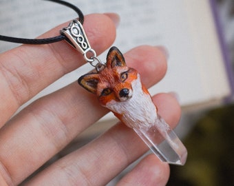 Handcrafted Polymer clay Fox pendant with crystal