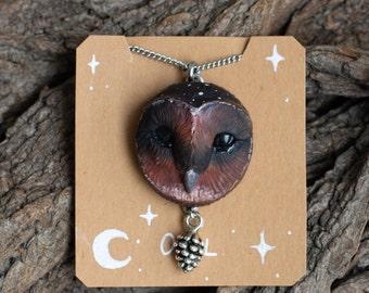 Black barn owl  Bird necklace Witchy jewelry Wilderness charm Polymer clay