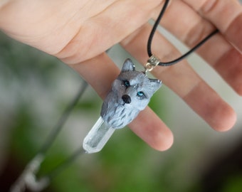 Wolf head pendant Fenrir necklace Viking wolf necklace Mythical wolf Mystic wolf crystal Polymer clay