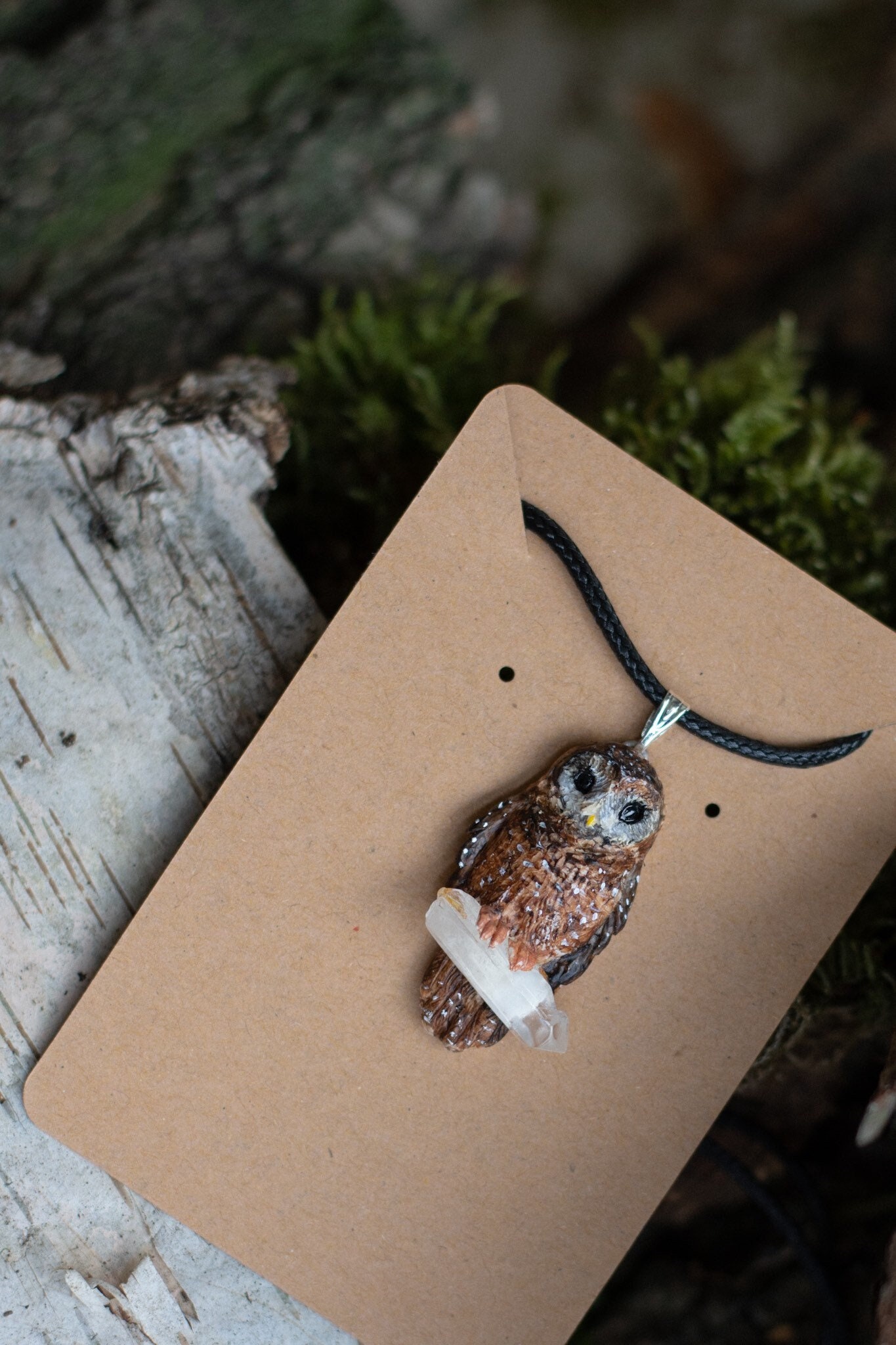 Owl pendant Northern spotted owl Hibou polymer clay