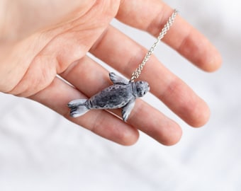 Selkie Grey harp seal necklace Polymer clay charm Marine sea jewelry Grey charm