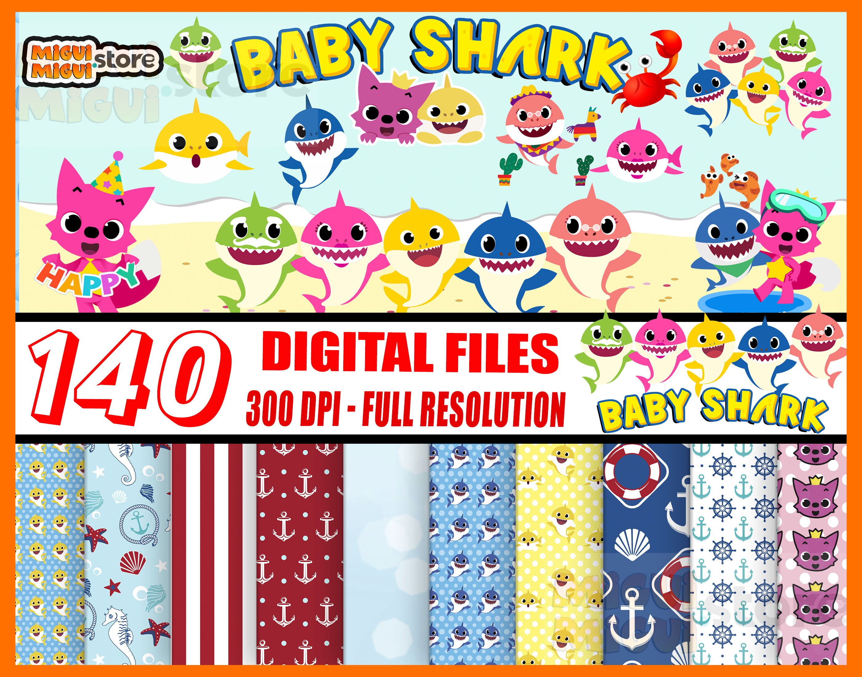 140 Baby Shark Digital Paper Baby Shark background Baby Shark | Etsy