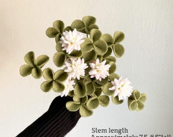 Felt white clover and three/four leaf clover stems, Irish shamrock, build your own bouquet, get well flowers, sympathy, wedding, anniversary