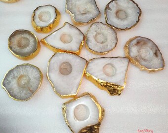 White Marble Agate Golden Slice Candle Holder / Tealight Candle Holder / Ornament / Gifts / MADE In India / Healing / Meditation