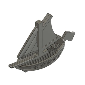 May include: A gray 3D printed model of a small sailboat with a single sail. The sail is raised and the boat has a small deck and a rudder.