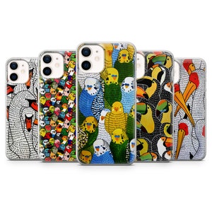 Custodia per telefono con motivo collage di uccelli, motivo tropicale, per iPhone 14Pro, 13, 12, 11, XR, 7, 8, Samsung S23, S22, S21FE, A53, A14, A13, Pixel 7, 6A