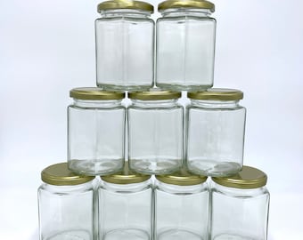 8.5oz Empty Gold or Silver Hexagon Jars - For Candles, Spice Jars, Wedding Favors, Party Favors, Bridal Shower Favors, Baby Shower Favors