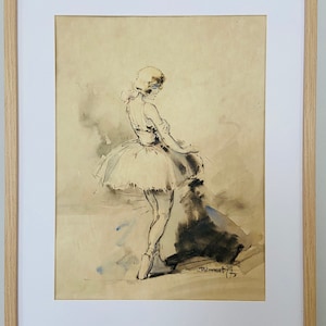 May include: A framed black and white drawing of a ballerina in a white tutu. The drawing is on a beige background with a light blue wash. The artist's signature, "Poirsonat", is in the bottom right corner.