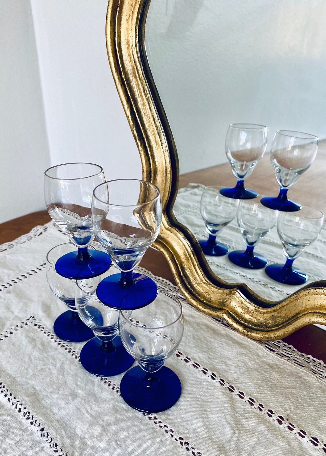 5 Small Liquor Glasses Blue Colored Glass Foot 50s Etsy