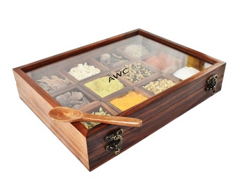 Especiero de madera con 12 compartimentos y cuchara, organizador de especias Masala Dabba (particiones desmontables)