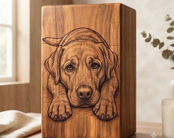 May include: A rectangular wooden urn featuring a detailed laser-engraved illustration of a Labrador retriever resting its head on its front paws. The natural wood grain is visible across the surface, highlighting the dog's facial features.