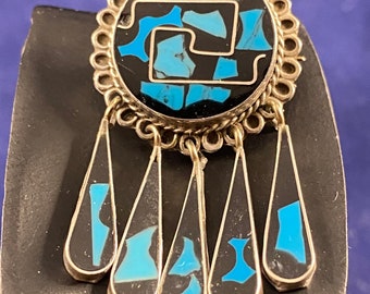 Silver with Onyx and Turquoise inlay brooch/Pendant