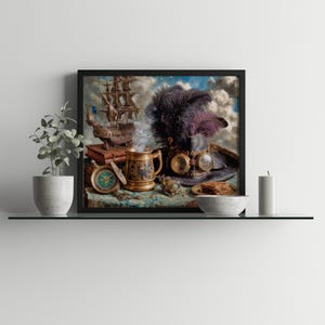 Steampunk Luftschiff Schreibtisch druckbare Wandkunst - Kompass, Zahnräder, Federn, Becher, Fantasy Piraten Dekor, Druckbare Entdeckerszene Download 5x4