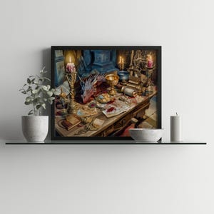 Tête de dragon et nature morte au trésor imprimable - décor RPG fantastique, pièces d'or, calice, carte et scène d'épée, art mural numérique à télécharger 5 x 4