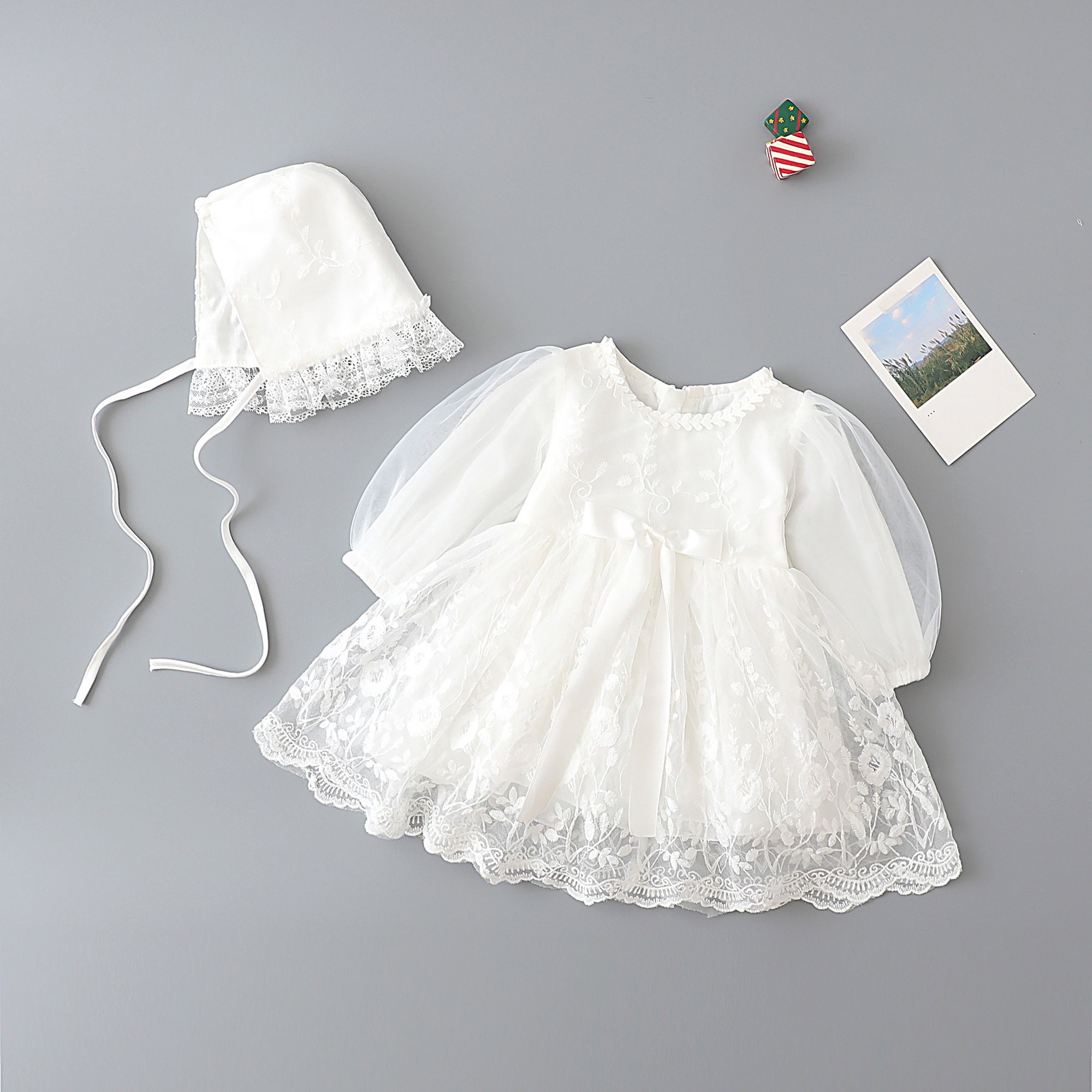 Kleding Meisjeskleding Babykleding voor meisjes Jurken Vintage Doopjurk 3 delige Set Sheer &Lace 