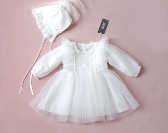 Robe de baptême 2 pièces avec chapeau, robe pour filles à manches longues, robe pour bébé BM94