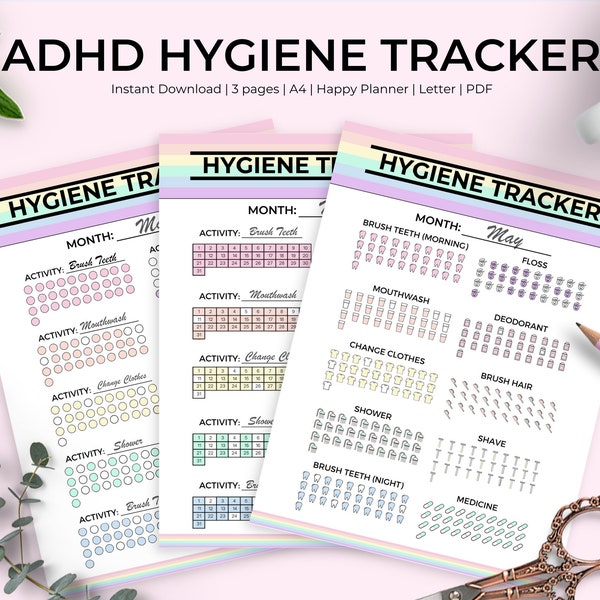 adhd homework checklist ADHD Pastel Rainbow Hygiene Tracker | Letter | A4 | Happy Planner Printable | Inserts | Instant Download