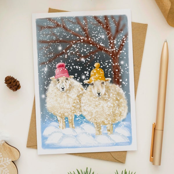 Christmas card sheep in the snow Christmas postcard sheep