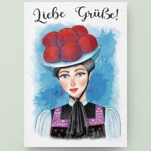 Postal de felicitación de la Selva Negra Bollenhut Tarjeta de felicitación Selva Negra Bollenhut Oktoberfest Regalo de otoño Ilustración de traje tradicional