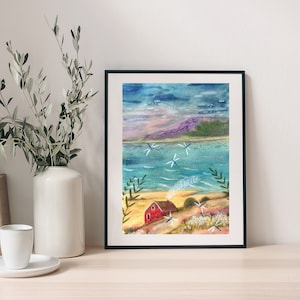 Original Aquarell Illustration Haus am See, skandinavischer Style, Wohnzimmer Deco