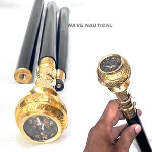 Brass Head Handmade walking stick Vintage Solid wands Cnae,Handle Cane Wooden walking stick,Victorian style,Compass On Handle