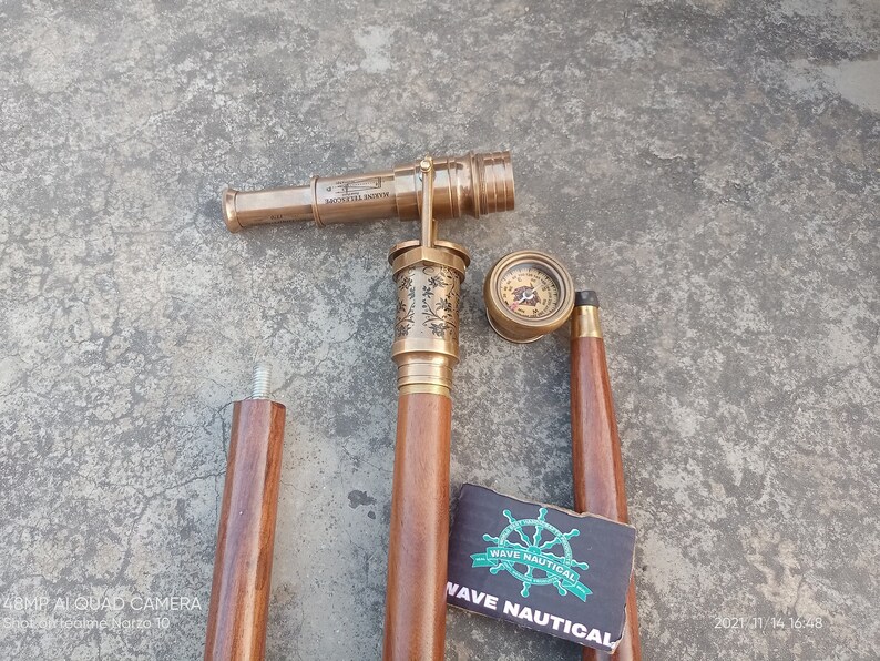 thumbnail image 2 of Handmade Brass Telescope Compass Walking Stick - Victorian Style Folding Cane, 36-38" 2 of 3