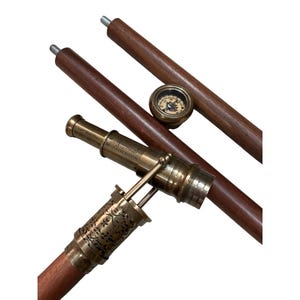 ENGRAVED 1920 DOLLOND LONDON. Victorian Telescope Compass On Top Spyglass.Walking Stick Cane. 39&quot; Brass Handle Handmade Stick Men And Women