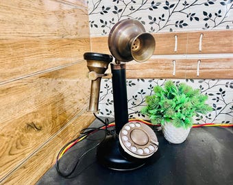 Messing kandelaartelefoon, woondecoratie, vaste telefoon, draaiknop, vintage decorcadeau, tafelbureaucadeau